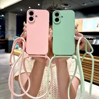 Чехол для iPhone 16 Pro 15 14 Plus 13 12 Pro Max 11 Candy Color, тонкий, с ремешком на шею и шнурком iPhone 16 чёрный