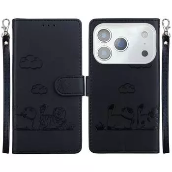 Чехол для iPhone 17 Pro с блокировкой RFID, с рисунком котенка, из ТПУ + ПУ кожи, чехол для телефона с ремешком на запястье Black