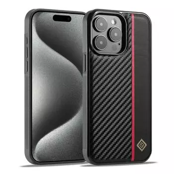 Чехол для iPhone 7 8 X XS XR XS Max iPhone 11 12 13 14 15 Series Углеродное волокно ПУ Сращивание Мелкозернистый ПУ в сочетании с чехлом для телефона с красными вертикальными полосками iPhone 15 Pro Max чёрный