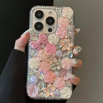 Чехол для iPhone со стразами и бантом для iPhone14Pro Max на 13 бабочек 12 жемчужин 11 стразов 16 X/XS розовый