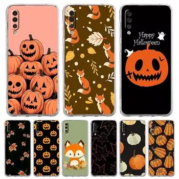 Чехол для Samsung A54 A52 A50 A70 A30 A40 A20S A20E A02S A12 A14 A22 A42 A72 A34 A32 A04s с листьями и тыквой на Хэллоуин Samsung A22