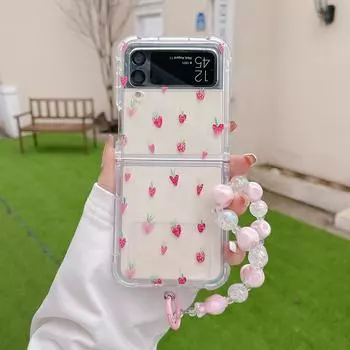 Чехол для Samsung Galaxy Z Flip 4 Zflip 3, милый браслет с клубникой, прозрачный мягкий силиконовый складной противоударный защитный чехол For Galaxy Z Flip 4