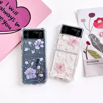 Чехол для Samsung Galaxy Z Flip 4 3, прозрачный блестящий чехол с настоящим цветком, прозрачная противоударная задняя крышка для Samsung Z Flip4 Zflip3, чехол For Samsung Z Flip 3