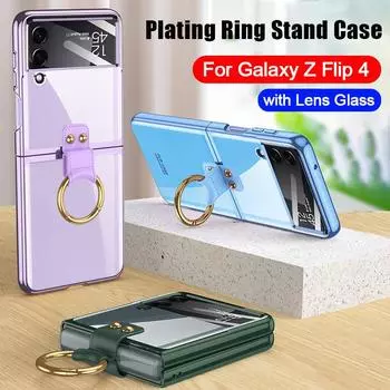 Чехол для Samsung Galaxy Z Flip 4 Flip4 5g, чехол со стеклом для линз, прозрачное кольцо-подставка, защитный чехол для ПК, чехлы For Galaxy Z Flip 4 чёрный