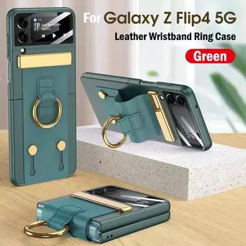 Чехол для Samsung Galaxy Z Flip 4 5g, кожаный браслет с кольцом-кронштейном, чехол для Samsung Z Flip 4, чехол с ремешком и пленкой для камеры For Galaxy Z Flip 4 чёрный