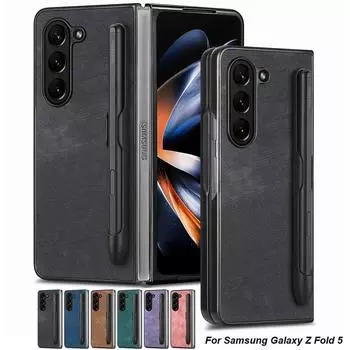 Чехол для Samsung Galaxy Z Fold 5 Z Fold 4 Z Fold 3 с держателем для ручек, винтажный кожаный противоударный чехол для телефона, жесткий защитный чехол Samsung Z Fold 5 чёрный