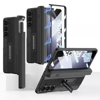 Чехол для Samsung Galaxy Z Fold 5, приятный для кожи, матовый, магнитный, складной, на петлях, держатель для ручек с подставкой, чехол из закаленной пленки for Galaxy Z Fold 5&case only (no pen)