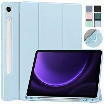 Чехол для Samsung Tab S9 FE с держателем для ручек, тройная кожаная мягкая задняя подставка, умный чехол для Galaxy Tab S9 FE 10,9 дюйма, 2023, противоударный чехол S9 FE (10.9 inch) розовый