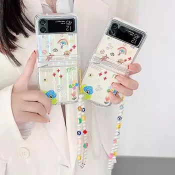 Чехол для Samsung Z Flip 3, прозрачный чехол с милым узором и браслетом, чехол для телефона Samsung Z Flip 4 Zflip4 Allinone, жесткая задняя крышка Z Flip 3
