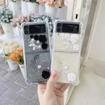 Чехол для Samsung Z Flip 3, прозрачный складной чехол для телефона с 3d розами и блестками для Samsung Z Flip 4 Flip3, 5 г, противоударная задняя крышка из ТПУ For Z Flip 3 чёрный