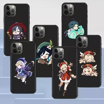Чехол для телефона Apple iPhone 14 11 13 Pro Max 12 Mini XR 7 8 + SE 2020 XS 6 6s Plus 5 5s Genshin Impact Cute Silicone Black Cover iPhone 6(6s)