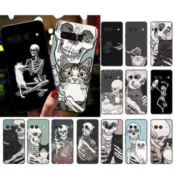 Чехол для телефона Google Pixel 7 Pro 7 6A 6 Pro 5A 4A 3A Pixel 4 XL Pixel 5 6 4 3 XL 3A XL 2 XL со скелетом и черепом Cat Art Case Funda Google Pixel 2