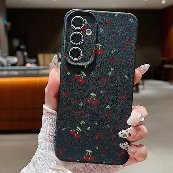 Чехол для телефона из матовой кожи TPU с принтом вишневого банта для Samsung S25 Ultra S24 FE S23 S22 A56 A36 A16 A55 A35 A26 A15, противоударный, мягкий, тонкий чехол Samsung S25 чёрный