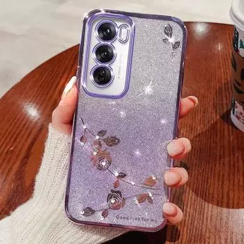 Чехол для телефона OPPO Reno 12 5G, Reno 12 Pro 5G Flash Pink Flower Прозрачный противоударный защитный чехол с роскошным бриллиантовым сиянием Reno 12 5G розовый