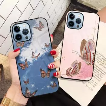 Чехол для телефона с бабочкой для Iphone 14 13 11 12 Pro Max Mini Xs Xr X 7 8 6s Plus Se 2022, задняя крышка из закаленного стекла, бампер Fundas For iPhone 12