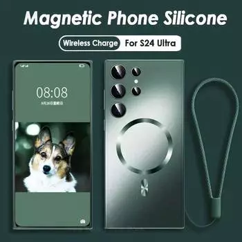 Чехол для телефона с беспроводной зарядкой для Samsung Galaxy S24 Ultra s23Plus Magsafe, магнитный силиконовый мягкий чехол для телефона For S24 Ultra чёрный