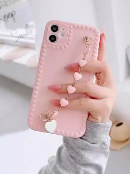Чехол для телефона с браслетом-цепочкой и сердечком для IPhone 14 Pro Max 14 Plus 13 12 11 XR XS X 8 7, розовый фиолетовый мягкий чехол PC + TPU&Case & Strap&for iPhone12