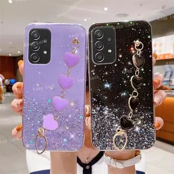 Чехол для телефона с цепочкой и запястьем Love Heart для Samsung Galaxy A14 A24 A34 A54 A25 A13 A32 A23 A33 A53 A73 A04E A52, блестящий бампер A51 4G белый