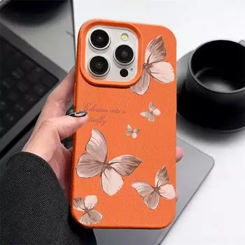 Чехол для телефона с цветным рисунком бабочки из кожи и текстурой для iPhone 16 Pro 15 14 13 12 Pro Max, ударопрочный матовый тонкий однотонный цветной мягкий чехол из ТПУ с защитой от падений iPhone 16 оранжевый