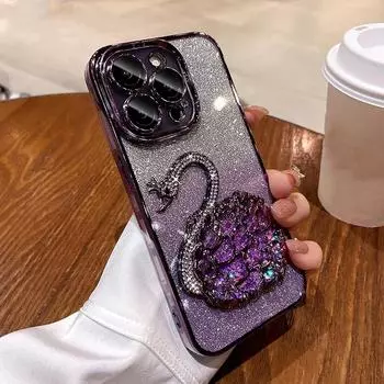 Чехол для телефона с двухцветным градиентом Diamond Swan для iPhone 16 15 ProMax 14 13 12 Pro Max Plus 11 Glitter Quicksand Silicone Cover iPhone 11 чёрный
