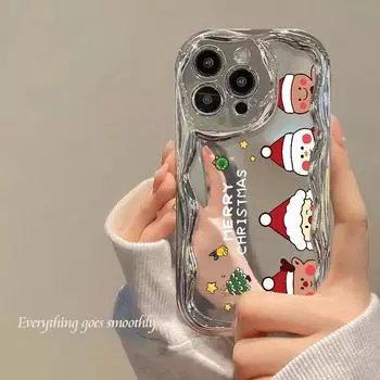 Чехол для телефона с гальваническим зеркалом и волнистой рамкой для iPhone 16 Pro 15 14 13 Pro Max 12 11, противоударный, с рисунком в виде мультфильма, с рождественским узором, из ТПУ, мягкий чехол iPhone 16