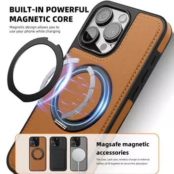 Чехол для телефона с кронштейном на 360 ° для iPhone 15 14 Pro Max 13 Pro 12 11 Samsung S24 Ultra S23 Plus S22 Деловой кожаный магнитный противоударный чехол Magsafe iPhone 15 оранжевый