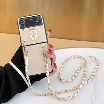 Чехол для телефона с милым мультяшным 3d девушкой для Samsung Galaxy Z Flip 3 5g, жесткий чехол из искусственной кожи с цепочкой через плечо For Samsung Z Flip 3