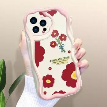 Чехол для телефона с рисунком цветов для iPhone 15, 14, 13, 12, 11, Samsung Galaxy A52, Xiaomi Redmi 14, 13C, кремовый текстурированный корпус, мягкий чехол с волнистыми краями iPhone 12 Mini белый