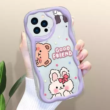 Чехол для телефона с рисунком кролика и медведя для iPhone 15 14 13 12 11 Samsung Galaxy A52 Xiaomi Redmi 14 13C Кремовый текстурированный корпус Мягкая обложка с волнистыми краями iPhone 12 Mini белый