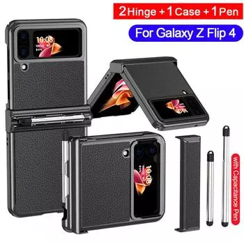 Чехол для телефона с сенсорным пером, 2 шт., чехол на петлях для Samsung Galaxy Z Flip 4 Flip4 5g, чехол для ручки с прорезями, кожаная задняя крышка, капа For Samsung Z Flip 4 золотой
