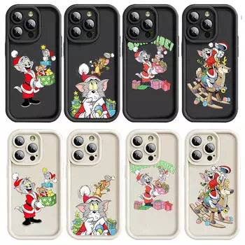 Чехол E-2 Tom and Jerry Christmas для iPhone 15 14 13 12 8 Plus Samsung S24 S23 Ultra A04S A05S Huawei P40 P50 P60 Nova 11 Pro Max OPPO A17K Reno 10 Huawei Nova 9 кожа буйвола