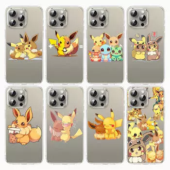 Чехол E-53 Pikachu и Eevee для iPhone 7 8 11 12 13 14 15 16 Pro Max Plus Mini Xiaomi Redmi A3 9A 9C 10A 10C 13C Note 9 11 Realme Narzo C30 C55 Redmi Note 7 эбеновый