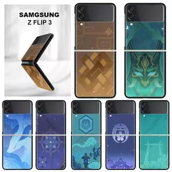 Чехол Genshin Impact с логотипом аниме для Samsung Galaxy Z Flip 3 4 5G, черный жесткий корпус для телефона из ПК Z Flip4, роскошный сегментированный чехол Samsung Z Flip 3 5G