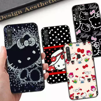 Чехол HK6 Lovely Hello Kitty Black Sofe для Samsung Note 20 Lite S24 Ultra S23 A03 A05 A06 A11 A71 A15 A16 A13 A24 A25 A33 A52 A53 A50 M55 M35 Plus Samsung A40S коричневато-жёлтый