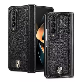 Чехол из натуральной кожи для Samsung Galaxy Z Fold 4, оригинальный сенсорный тонкий корпус с функцией подставки, защитный чехол от падения For Galaxy Z Fold 4 чёрный