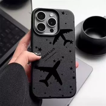 Чехол из ТПУ с рисунком самолета и текстурой из кожи для iPhone 16 Pro Max 15 Pro 14 13 12 11, мягкий матовый противоударный, защита линз, тонкий чехол для телефона iPhone 16E чёрный