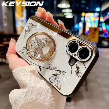 Чехол KEYSION Luxuxy для iPhone 16 Plus 16 Pro Max Butterfly Ring Stand Противоударный чехол для задней панели телефона для iPhone 13 14 15 Pro Max for iPhone 16 золотой