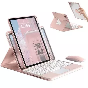Чехол-клавиатура GOOVEN для iPad Generation с магнитной съемной прозрачной задней панелью и держателем для ручки, розовый 10-го/11-го поколения (2025/2022) Мышь, Тачпад, Вращение на 360 градусов, розовый
