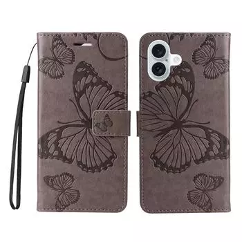Чехол-кошелек для iPhone 16 Plus, кожаный чехол для телефона с цветочным и бабочковым тиснением, подставка Grey