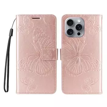 Чехол-кошелек для iPhone 16 Pro Max с цветочным тиснением и бабочками, кожаный чехол для телефона со стендом Rose Gold