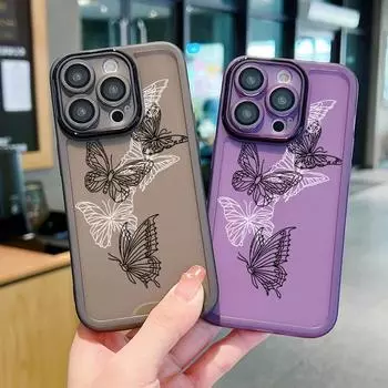 Чехол Line Butterfly Pattern с защитой от линз для iPhone 16 Pro 15 14 Plus 13 12 Pro Max 11, тонкий, ударопрочный, силиконовый, мягкий, прозрачный iPhone 16 синий