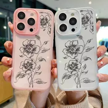 Чехол Line Flower Pattern с защитой от линз для iPhone 16 Pro 15 14 Plus 13 12 Pro Max 11, ударопрочный тонкий силиконовый мягкий прозрачный чехол iPhone 16 синий