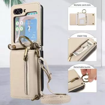 Чехол-молния с кольцом через плечо для телефона Samsung Galaxy Z Flip 6 5 4 3 Flip 6 Flip 5 Flip 4 Flip 3 5G с чехлом-кошельком и держателем для карт For Galaxy Z Flip 4 коричневый