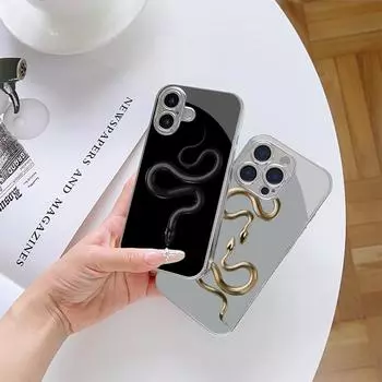 Чехол N134 Black Gold Snake для iPhone 16 15 11 Pro Max Samsung S24 S23 A54 A35 A52 Xiaomi Redmi Note 13 12 Pro с покрытием из закаленного стекла for iPhone 6/6S