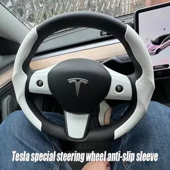 Чехол на руль Tesla, модель 3/Y, замша из углеродного волокна, ультратонкий впитывающий пот специальный руль, автомобили 2023 г. красный