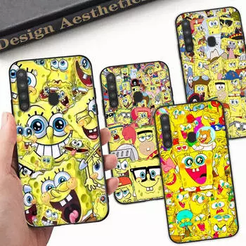 Чехол PB2 SpongeBob Black Sofe для iPhone 16 15 Plus 14 13 Pro 8 SE XR XS Max P30 Nova 5T Y5P Y6 Y7 Y8P Y9 Realme C30 C33 C31 VIVO Y36 V27 iPhone 11 Pro Max эбеновый