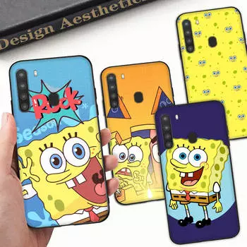 Чехол PB6 SpongeBob Black Sofe для iPhone 16 15 Plus 14 13 Pro 8 SE XR XS Max P30 Nova 5T Y5P Y6 Y7 Y8P Y9 Realme C30 C33 C31 VIVO Y36 V27 Huawei Y7 2018 арлекин