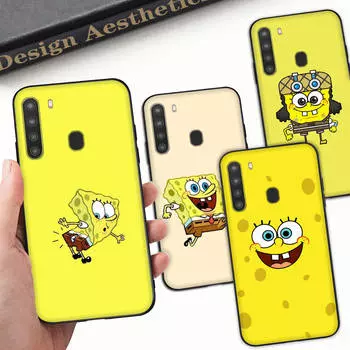 Чехол PB7 Little Cute Spongebob Black Sofe для iPhone 16 15 Plus 14 13 Pro 8 SE XR XS Max P30 Nova 5T Y5P Y6 Y7 Y8P Y9 Realme C30 C33 C31 VIVO Y36 V27 iPhone 13 Pro гагат