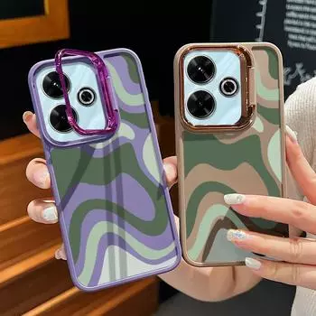 Чехол-подставка для объектива камеры для Xiaomi Poco X6 X5 F6 M6 Redmi Note 13 12 11 10 Pro с зеленой волнообразной полосой, противоударный, мягкий, из ТПУ, однотонный чехол Redmi Note 13 4G чёрный