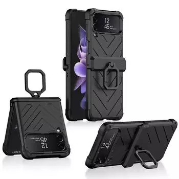 Чехол с магнитным кольцом и подставкой для Samsung Galaxy Z Flip3 5g Flip 3, жесткий складной чехол для телефона Samsung Z Flip 3, чехлы for Galaxy Z Flip 3 чёрный